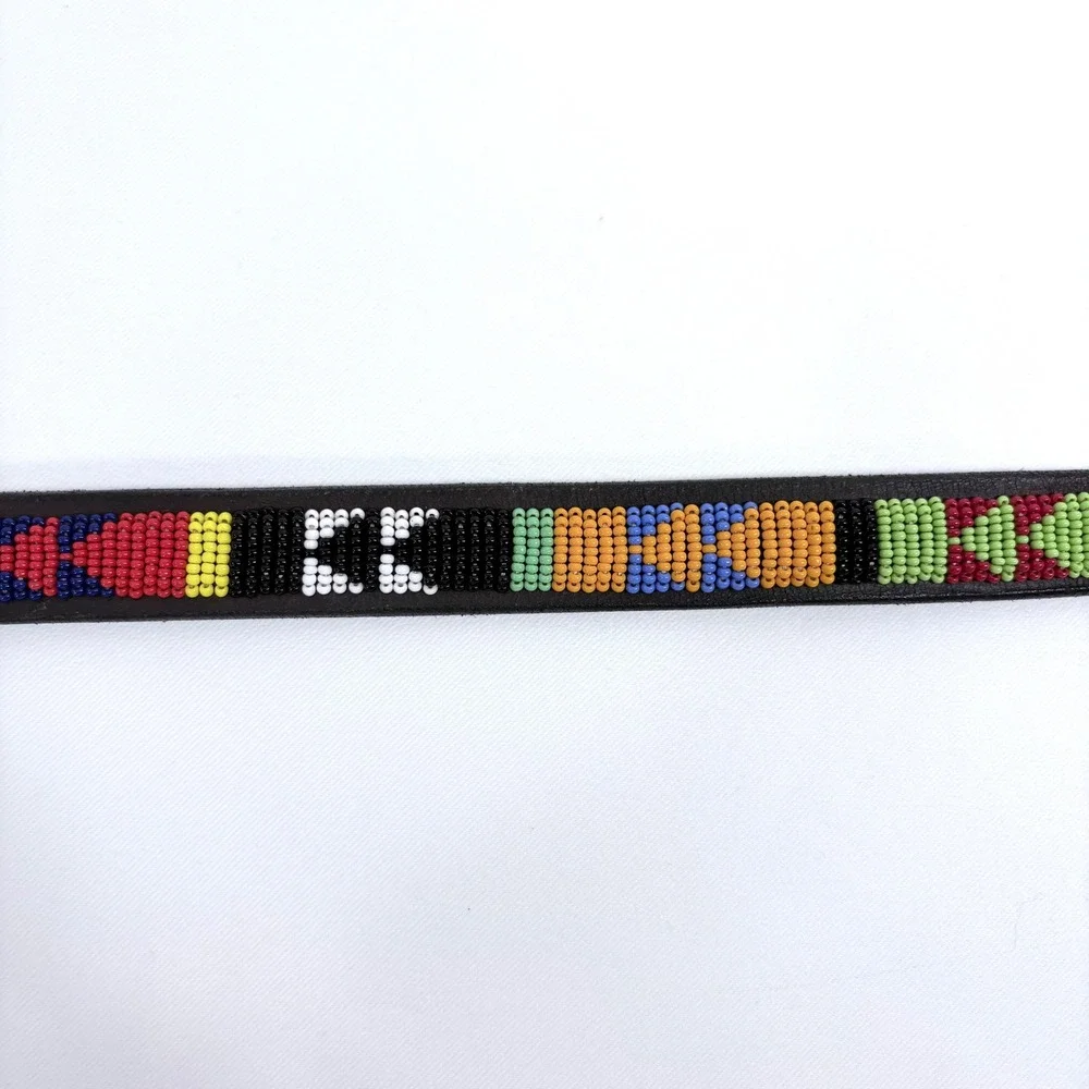 Handcrafted Beaded‎ Leather Belt Brown Colorful Tribal Geometric Brass Buckle 26